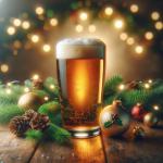DALL·E 2023-12-24 10.13.23 - A realistic photo of a beer glass, tastefully decorated with Christmas themes. The beer glass is filled with a golden, frothy beer, placed on a wooden.png